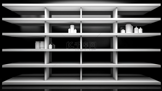 极简主义展示黑色架子与 3D 渲染中的空白色立方体