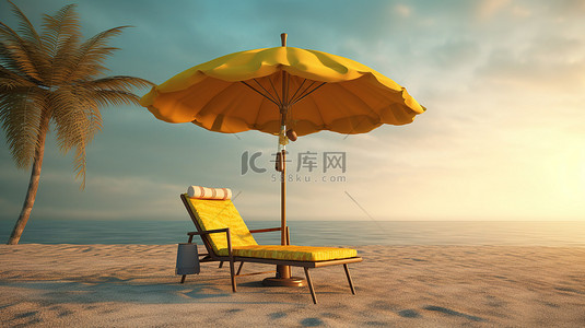 伞背景图片_黄色日落天空下的棕榈树剪影沙滩椅与 3D 渲染伞
