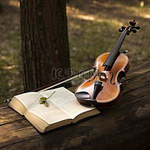 小提琴背景图片_树林里的木凳上放着一把带有音乐的小提琴