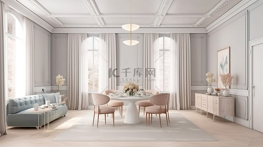 装饰艺术风格注入了明亮的古典客厅，窗边设有用餐区 3D 渲染图像