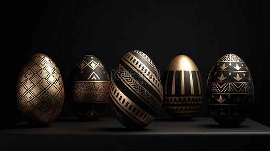 简约设计优雅的质感复活节彩蛋在金色和黑色背景上的 3D 渲染