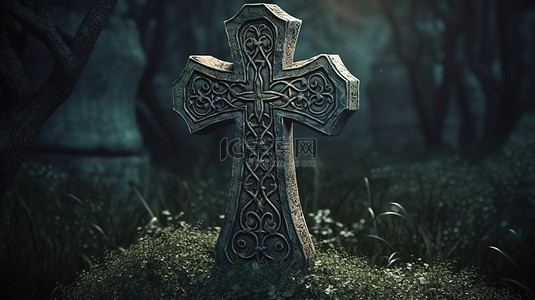 万圣节主题的 3D 插图，装饰着十字装饰的怪异墓碑