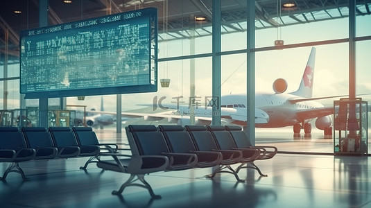 机场信息屏幕的 3D 渲染，通过窗口可以看到跑道和飞机
