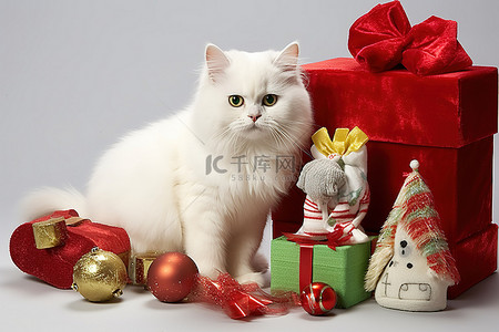 袜子背景图片_带着圣诞礼物和袜子的白猫