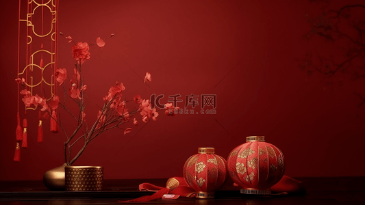 中国传统文化广告背景图片_花卉植物红色灯笼中国风格节日广告背景