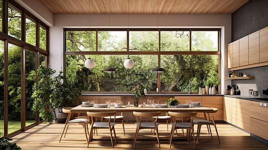 现代厨房配有木质和瓷砖装饰的餐桌和风景优美的花园景观 3D 渲染