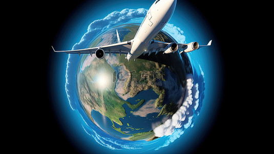 世界旅行旅行背景图片_喷气式飞机设置地球仪 乘坐飞机进行世界旅行的 3D 插图