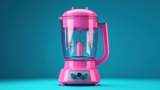 革命性的厨房电器 3D 渲染，在蓝色背景下呈现双色调风格的时尚粉色搅拌机