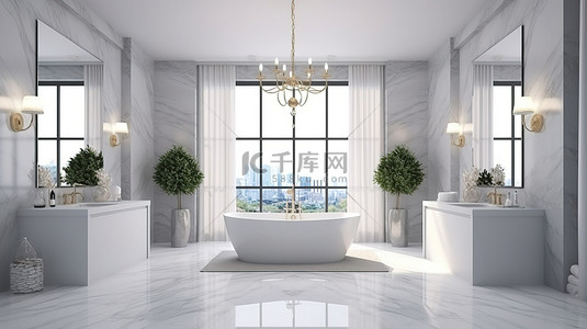 漂亮的瓷砖背景图片_时尚豪华的 3D 浴室设计，配有白色浴缸瓷砖墙壁和地板
