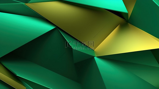 绿色阴影中的低多边形背景，带有金色条纹和复制空间抽象 3d 渲染