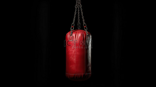 用于黑色背景下拳击训练的体积照明红色皮革沙袋的 3D 渲染