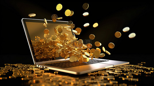 3D 渲染在线市场成功金币通过笔记本电脑屏幕飙升
