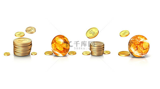 一组 3D 插图图标，包含白色背景上隔离的成捆现金和浮动硬币