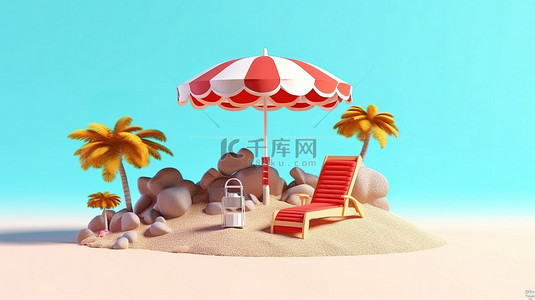 卡通沙岛，配有躺椅和雨伞，3D 渲染的夏季海滩度假胜地