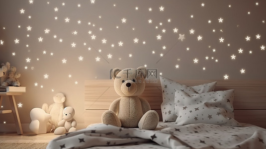 可爱的泰迪熊 3d 插图在带毛绒枕头的星空卧室里休息