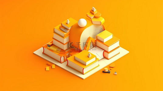 现代平面设计等距概念 3D 书在橙色背景上描绘教育