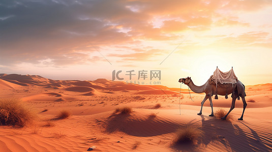 古风景背景图片_骆驼在日落时穿越沙漠的令人惊叹的 3D 渲染