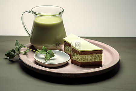 茶背景图片_一个水罐，里面有一块蛋糕，旁边有叶子