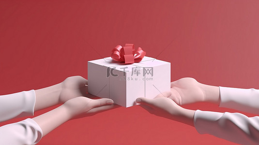 一只手拿着礼物的卡通插图 3d 呈现的概念，用于在白色背景下孤立地给予和捐赠