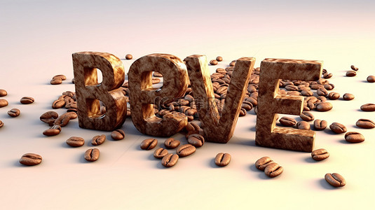 咖啡豆字体创建“酿造”一词的 3D 渲染