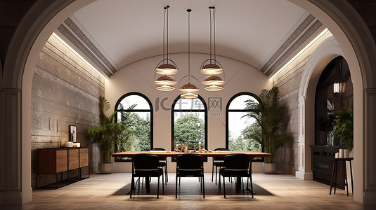 用餐背景图片_带拱形天花板和天花板灯的用餐角的室内场景 3D 渲染图