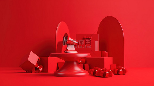 红色讲台上的通知铃和扩音器 3d 礼品卡或代金券渲染
