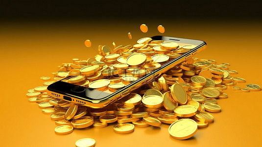 成功金币背景图片_3D 渲染中金币智能手机现金返还服务的数字支付概念