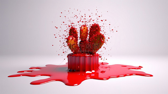 仙人掌多肉植物背景图片_浸满红色油漆污点的仙人掌的 3D 插图