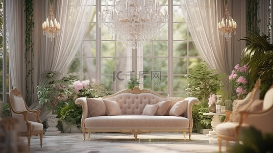 水晶吊灯装饰 3D 渲染客厅，古典主题，自然风光模糊
