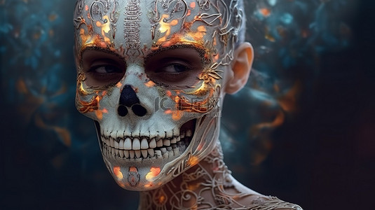 骷髅恶魔恐怖背景图片_奇幻风格女性头骨的怪异 3D 描绘