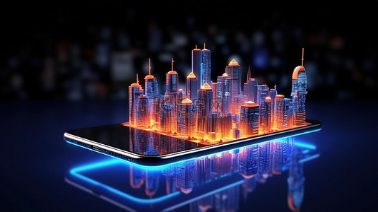 智慧城市插画背景图片_3D 渲染中智能手机技术照亮的未来智能城市发光建筑