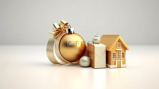 白色圣诞树的 3D 渲染，带有金色球体球小房子和雪背景上的礼品盒