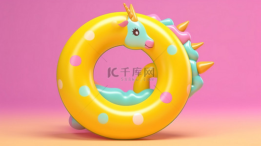 3D 渲染一个热闹的充气独角兽泳池环，在充满活力的黄色背景上享受夏日乐趣