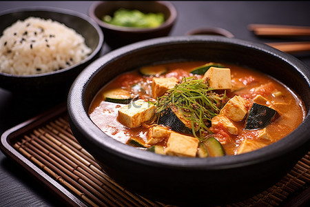 围观拍照群众背景图片_韩国海鲜咖喱饭和豆腐拍照