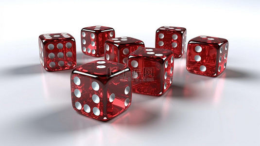 旋转的水骰子背景图片_白色背景上不同位置的红色玻璃骰子立方体以 3D 渲染的赌场赌博的概念图像