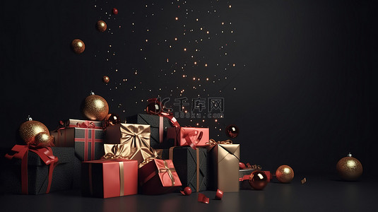具有圣诞快乐和新年快乐背景的节日礼品盒的逼真 3D 渲染