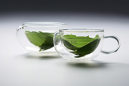 两个茶杯，里面有叶子，上面有一个杯子