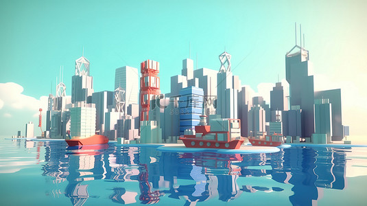水卡通中的低聚游戏城 3D 渲染背景 4k