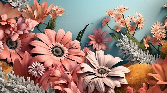 令人惊叹的花卉 3D 插图渲染，呈现精美的背景