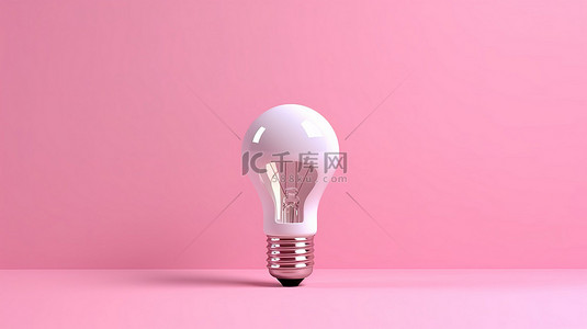 粉红色背景上的白色灯泡引发的创意 3D 渲染水平方向和文本空间