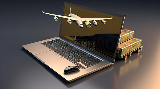 现代世界背景图片_现代世界的运输和交付 3D 渲染的物流图，包括笔记本电脑飞机船舶和卡车