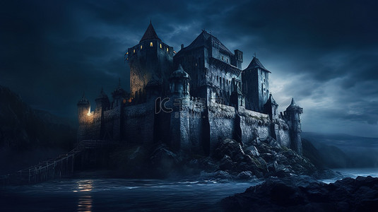 夜间堡垒黑暗城堡的 3D 渲染插图