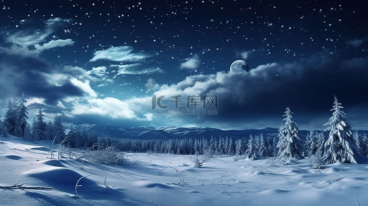 卡通雪山脉背景图片_闪闪发光的冬季夜空与满月照明