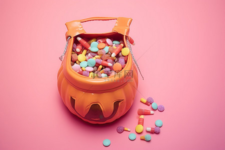万圣节糖果背景图片_万圣节糖果袋装在粉色的粉红色罐子里