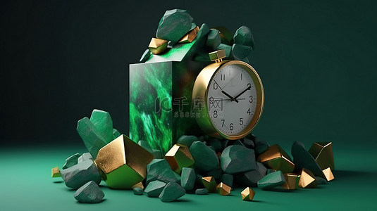 圆形木盒子背景图片_高品质石块时钟和绿色盒子中的抽象物体非常适合社交媒体帖子