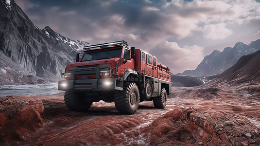 一辆坚固的红色卡车的 3D 插图，准备在僻静的地区进行艰苦的旅程