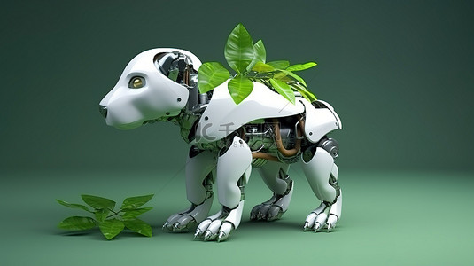 绿色技术与生态学的结合 犬机器人在茂密的树叶中的 3D 渲染