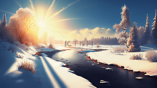 水彩风景背景图片_冬季雪景溪流背景