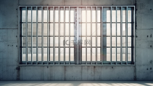 混凝土墙上金属光栅的 3D 插图，窗户是监禁的象征