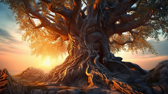 春花藤背景图片_数百年历史的童话树，根部缠绕，令人惊叹的 3D 日落插图
